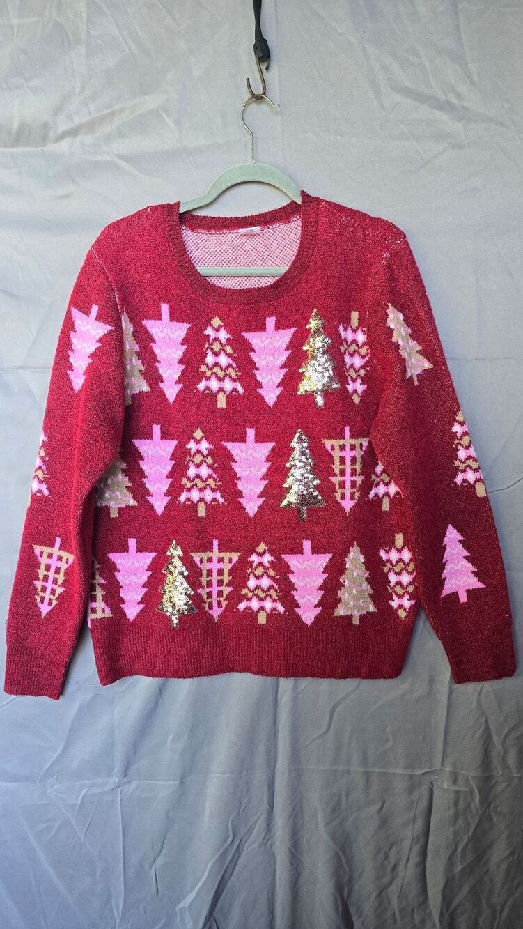 Holiday Time Sweater Womens XL Red Christmas Tree Sequin Ugly Knit Pullover